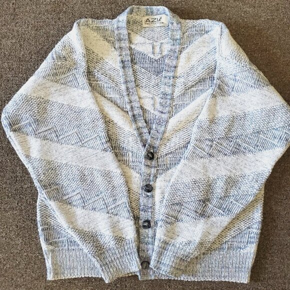 WOMEN CARDIGAN SWEATER AZIA COLLECTION SIZE M COTTON BLUE WHITE EXCELLENT CONDIT - Picture 1 of 15